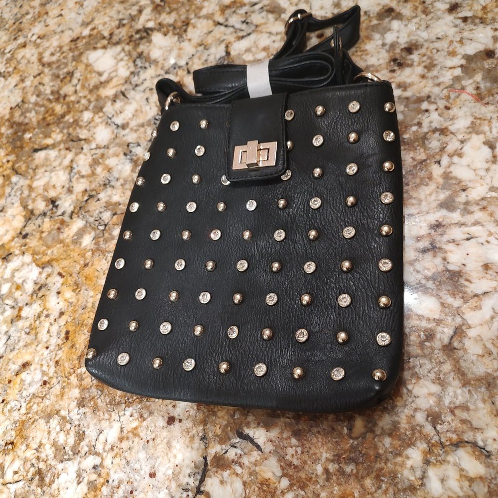 Black w/Bling crossbody bag, 9X8", Made in China, faux leather, unused